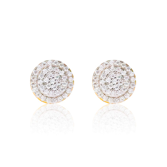8mm moissanite cluster earrings in gold with two-row pavé diamond halo design.