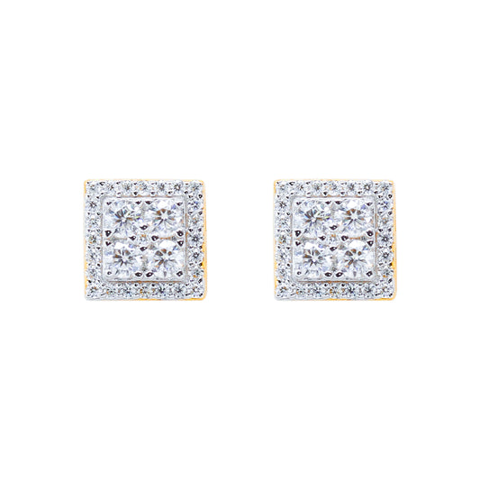 8mm moissanite cluster earrings with 0.65ct diamonds in sterling silver square halo design.
