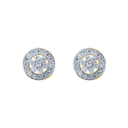 8mm sterling silver moissanite cluster earrings with round diamond halo and floral center.