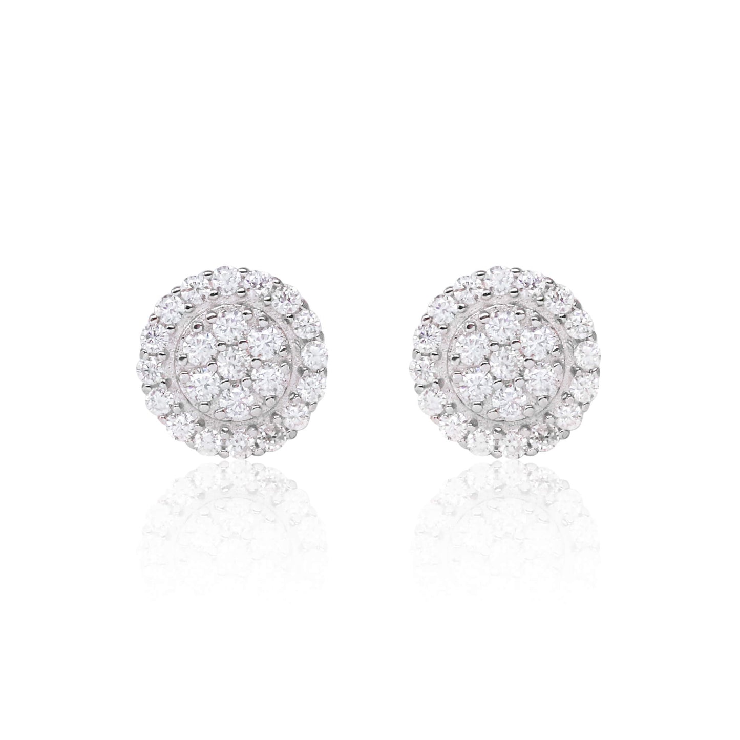 8mm Moissanite cluster earrings with 0.48ct diamonds in round sterling silver halo design.
