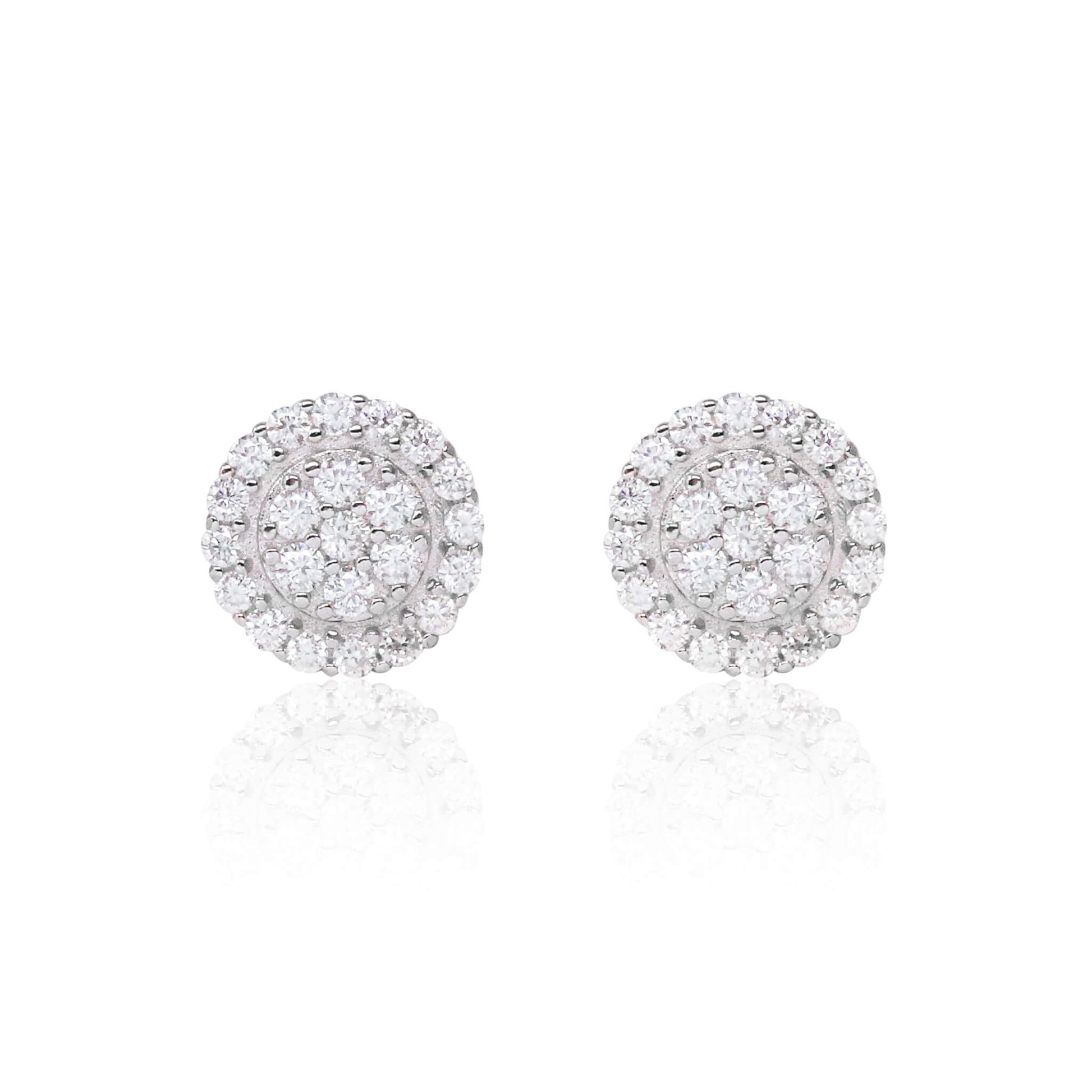 8mm Moissanite cluster earrings with 0.48ct diamonds in round sterling silver halo design.