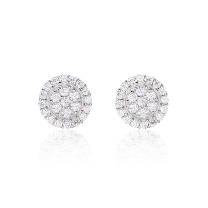8mm Moissanite cluster earrings with 0.48ct diamonds in round sterling silver halo design.