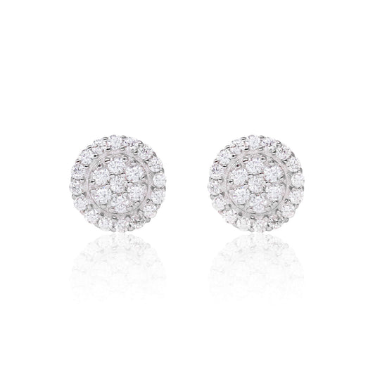 8mm Moissanite cluster earrings with 0.48ct diamonds in round sterling silver halo design.