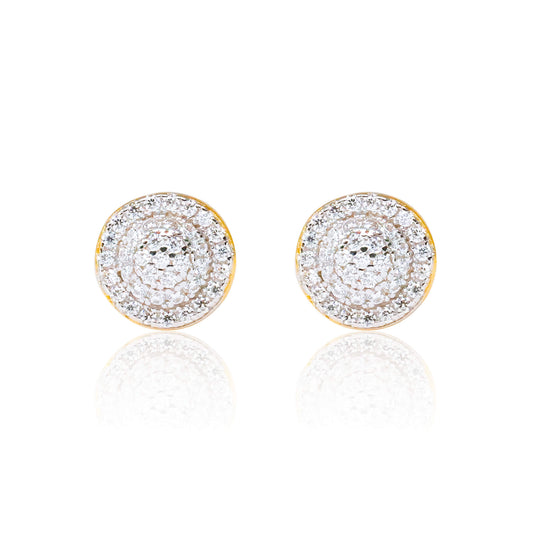 8mm round Moissanite cluster earrings with halo design in gold-plated sterling silver studs.