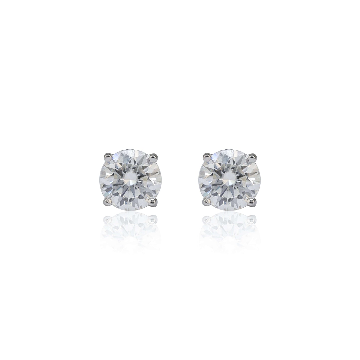 8mm round moissanite solitaire earrings in sterling silver with brilliant 3.2ct stones on white background.