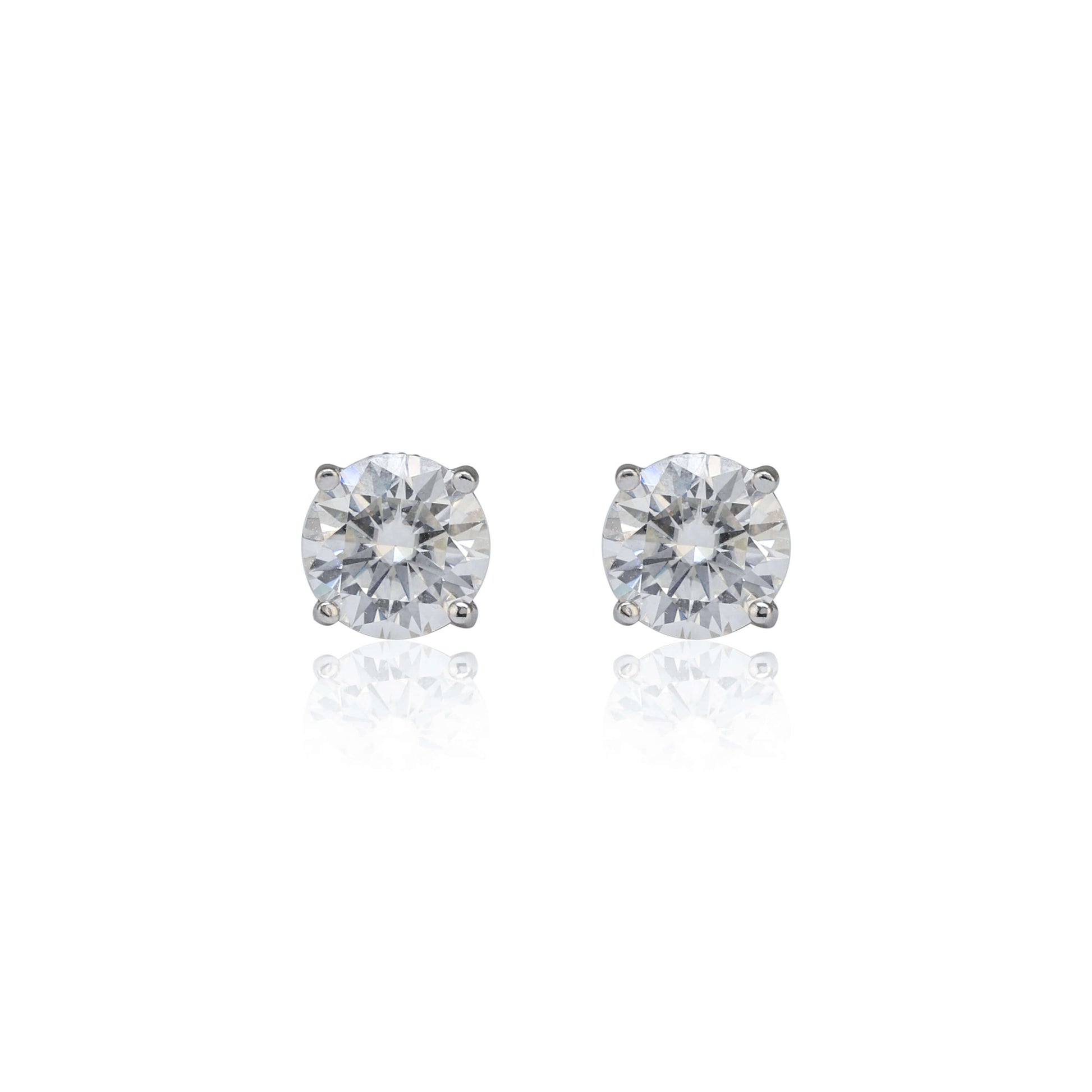 8mm round moissanite solitaire earrings in sterling silver with brilliant 3.2ct stones on white background.