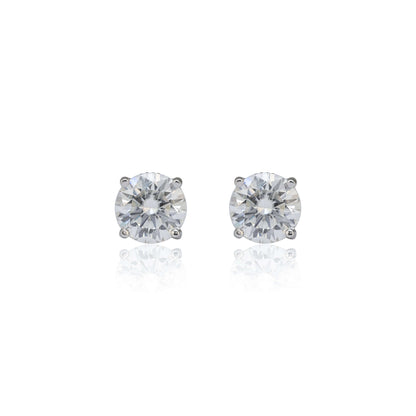 8mm round moissanite solitaire earrings in sterling silver with brilliant 3.2ct stones on white background.