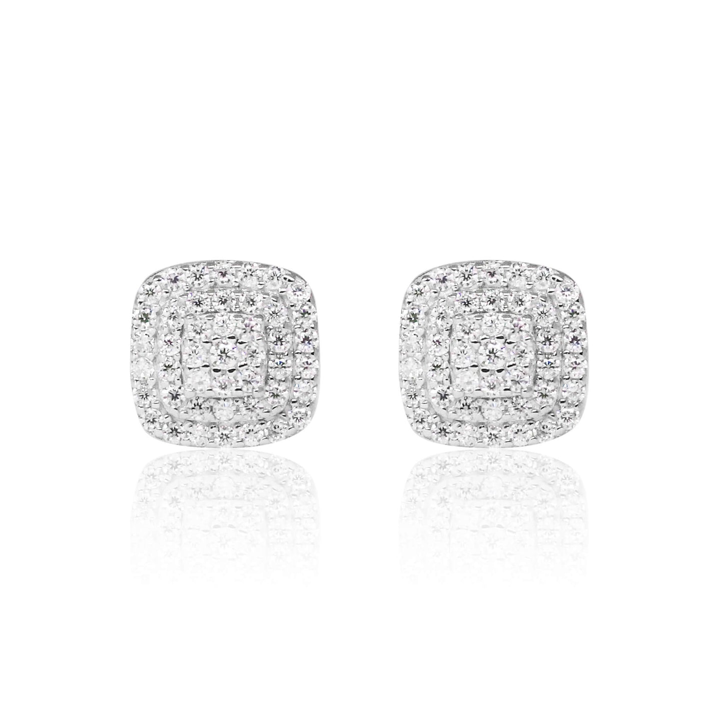 8mm square moissanite cluster earrings with triple halo diamonds in sterling silver, elegant stud design.