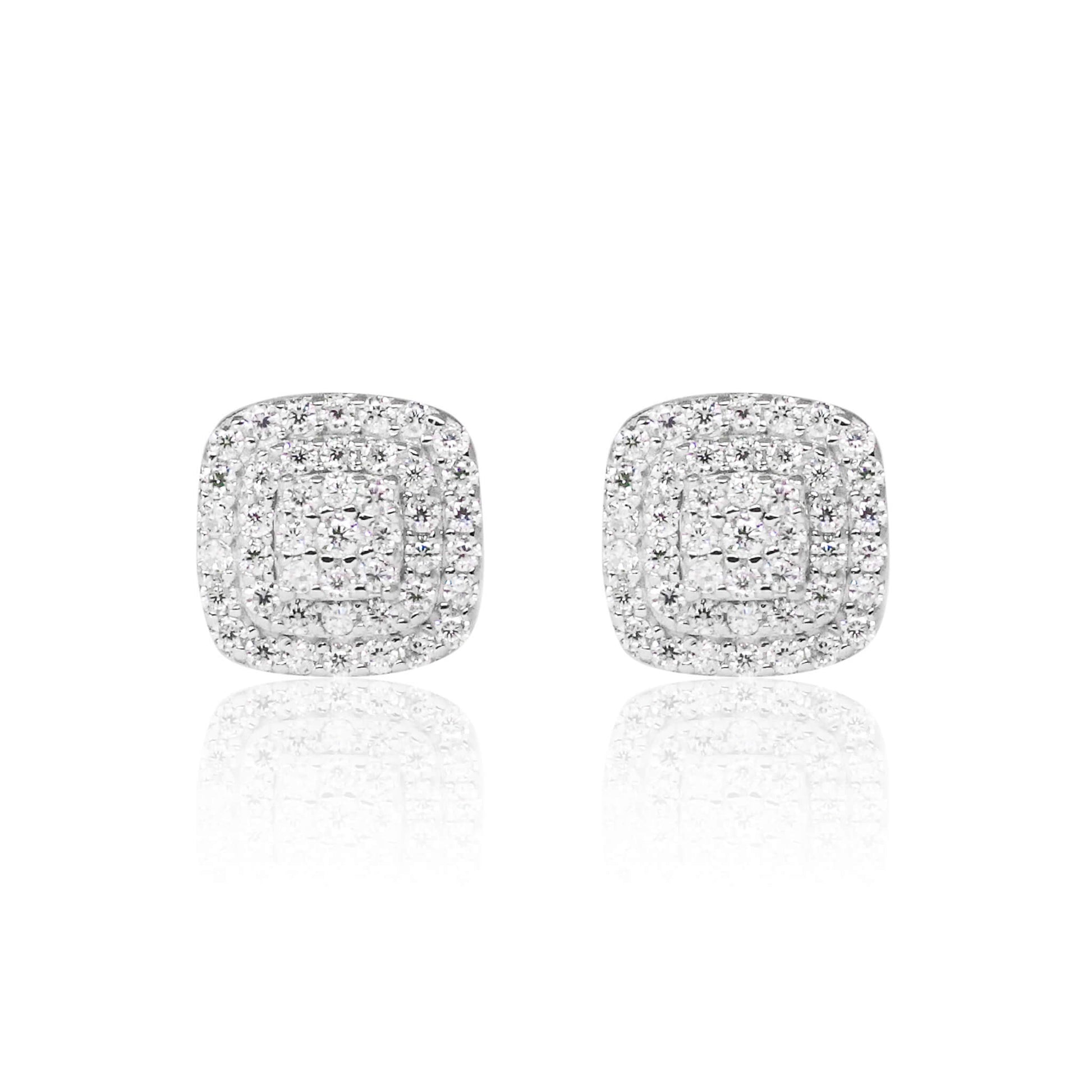 8mm square moissanite cluster earrings with triple halo diamonds in sterling silver, elegant stud design.