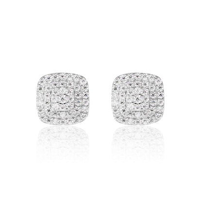 8mm square moissanite cluster earrings with triple halo diamonds in sterling silver, elegant stud design.