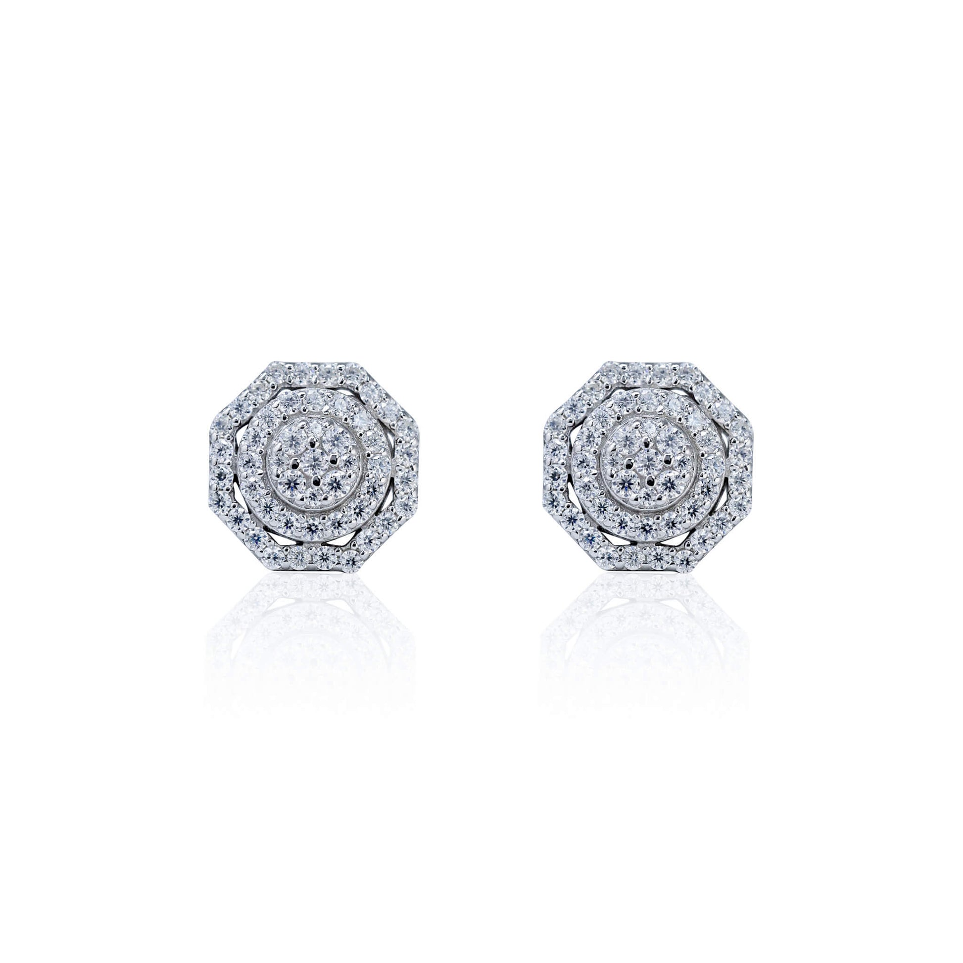 Sterling silver 10mm octagon moissanite diamond cluster stud earrings on white background.