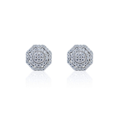 Sterling silver 10mm octagon moissanite diamond cluster stud earrings on white background.