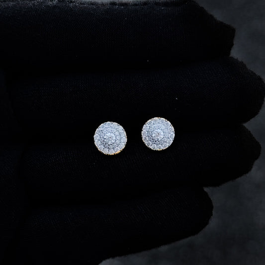 Sterling silver 9mm round moissanite cluster diamond stud earrings shown on black glove.