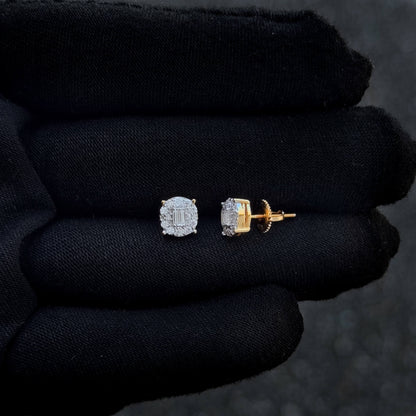 Close-up of round moissanite cluster diamond studs with sterling silver screw-back posts.