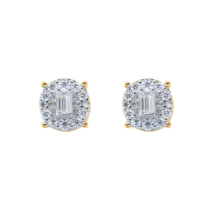 7mm round moissanite cluster earrings in gold displayed against white background.