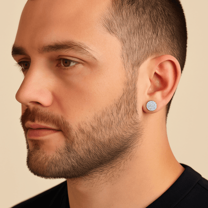 6mm round moissanite cluster stud earring worn on ear, pavé sterling silver diamond look.
