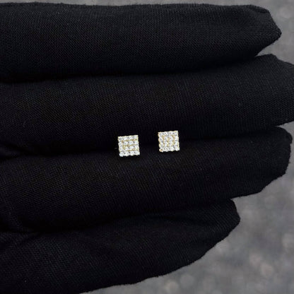 Small 5mm square Moissanite cluster diamond stud earrings in sterling silver displayed on glove.