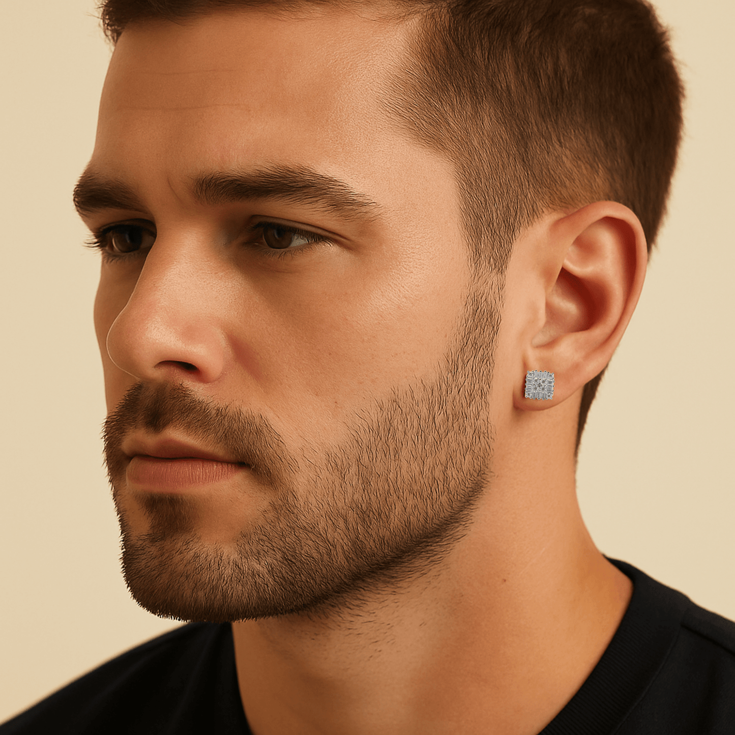 Mens 7mm square moissanite cluster earrings in silver worn as bold diamond stud accessory.