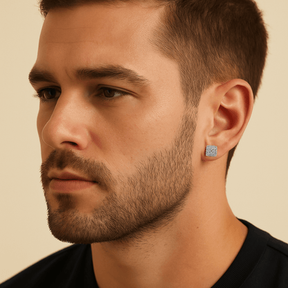Mens 7mm square moissanite cluster earrings in silver worn as bold diamond stud accessory.