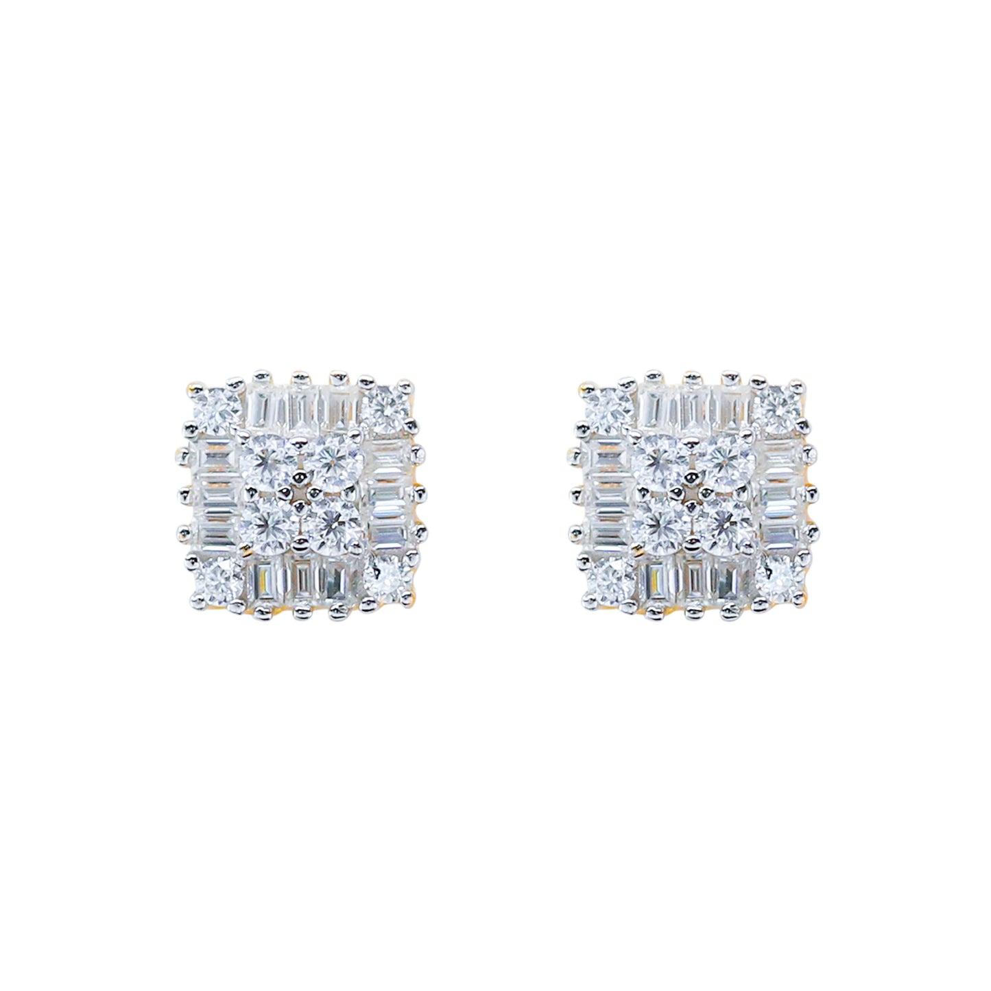 7mm square moissanite cluster earrings with radiant 0.71ct diamond arrangement.