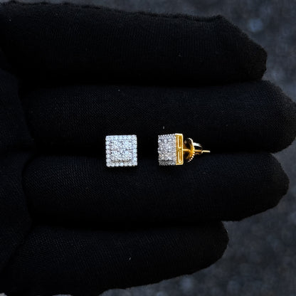 Sterling silver 8mm square moissanite cluster diamond stud earrings shown on black glove.