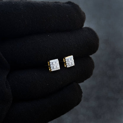 7mm moissanite cluster earrings with 0.37ct diamonds and gold backing displayed on black glove.