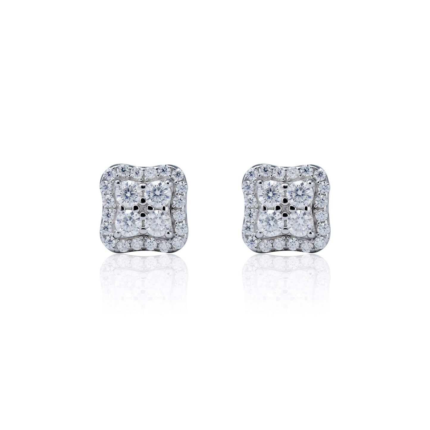 Cushion-shaped 7mm moissanite cluster earrings in sterling silver with bright diamond halo.