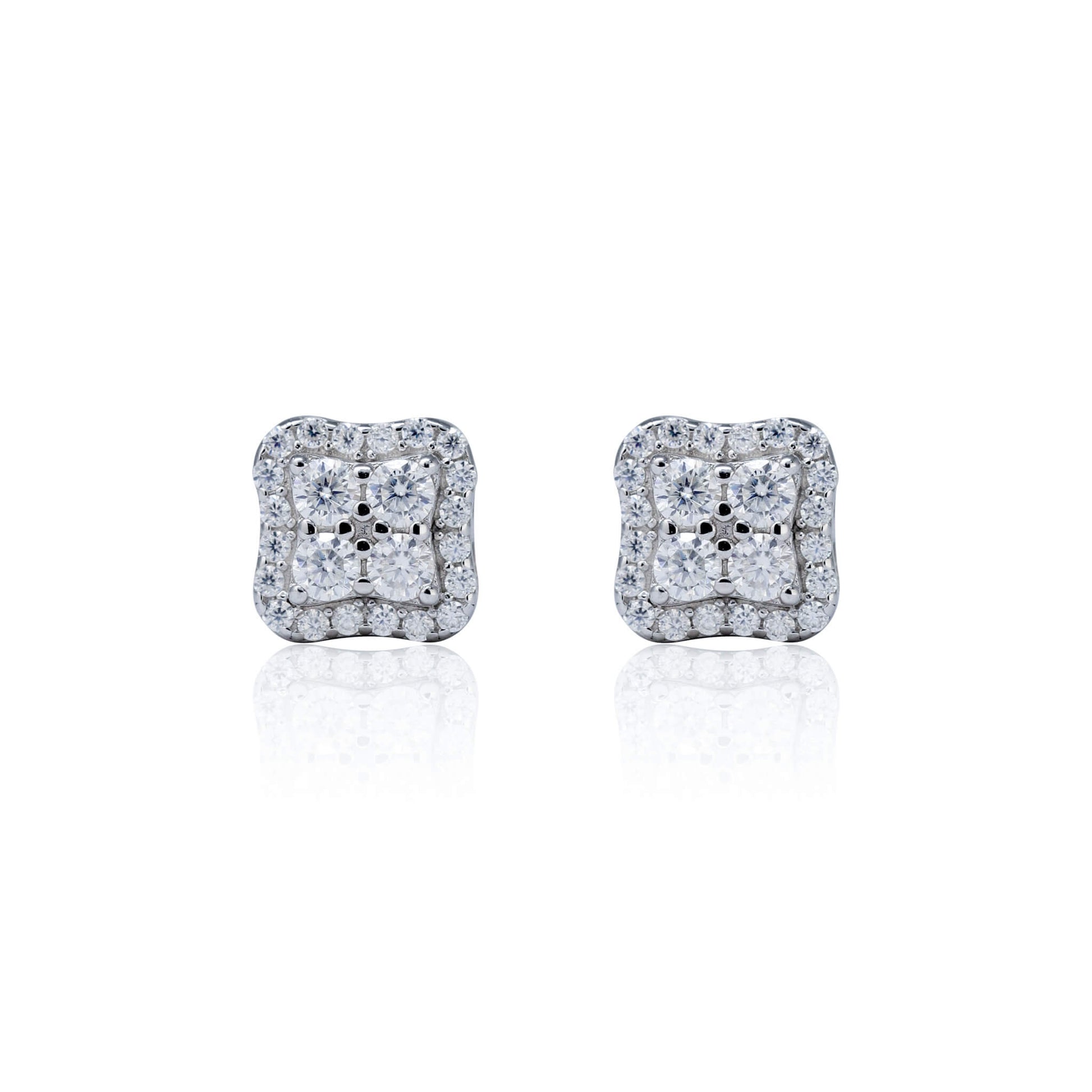 Cushion-shaped 7mm moissanite cluster earrings in sterling silver with bright diamond halo.