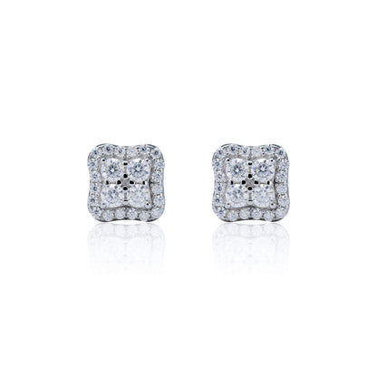 Cushion-shaped 7mm moissanite cluster earrings in sterling silver with bright diamond halo.