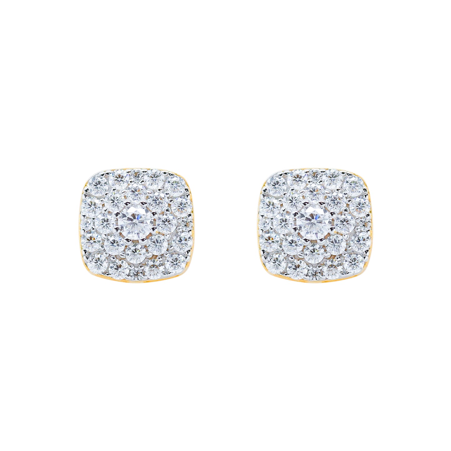 Close-up of 9mm square moissanite cluster earrings with layered round stones in sterling silver.