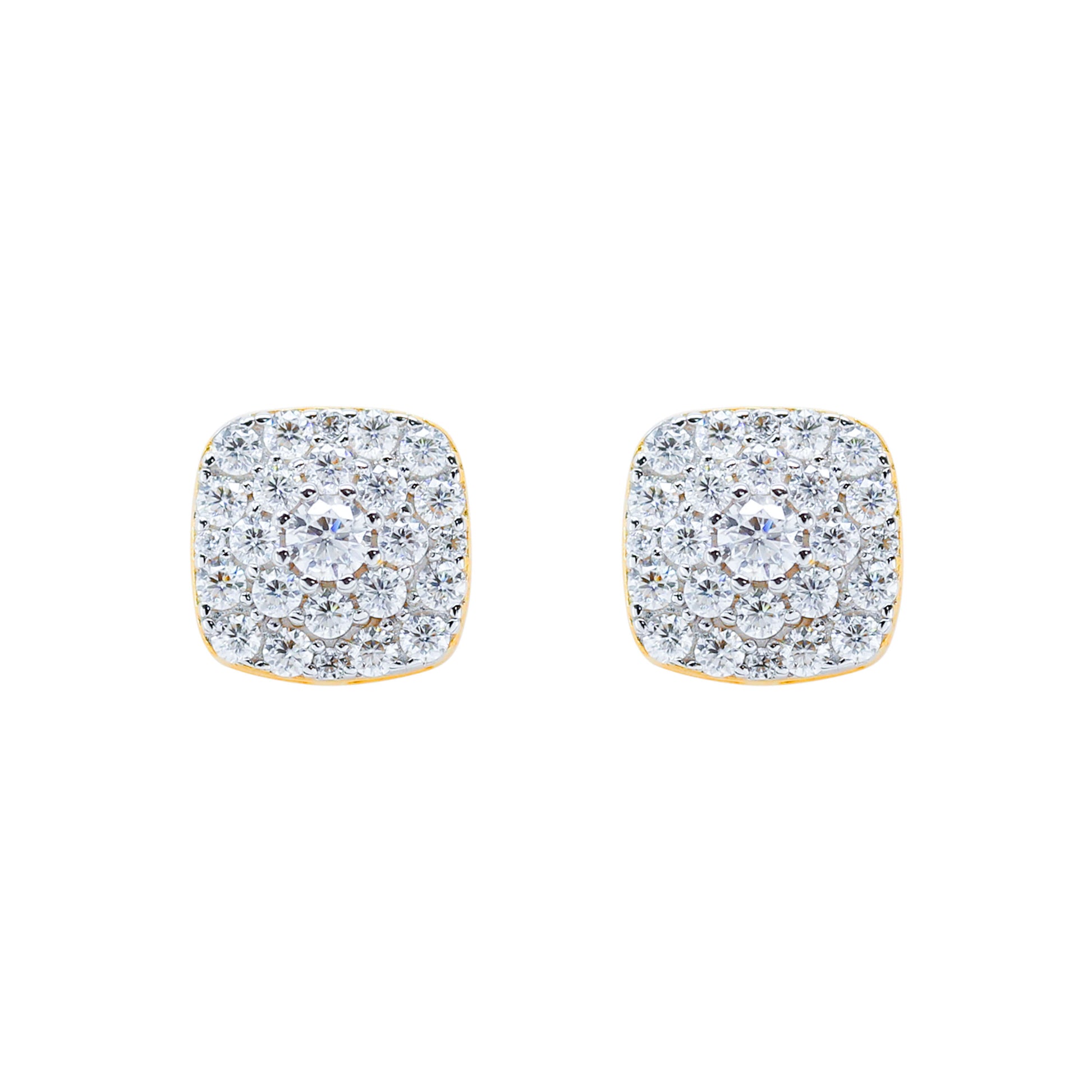 Close-up of 9mm square moissanite cluster earrings with layered round stones in sterling silver.