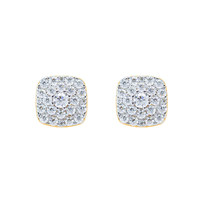 Close-up of 9mm square moissanite cluster earrings with layered round stones in sterling silver.