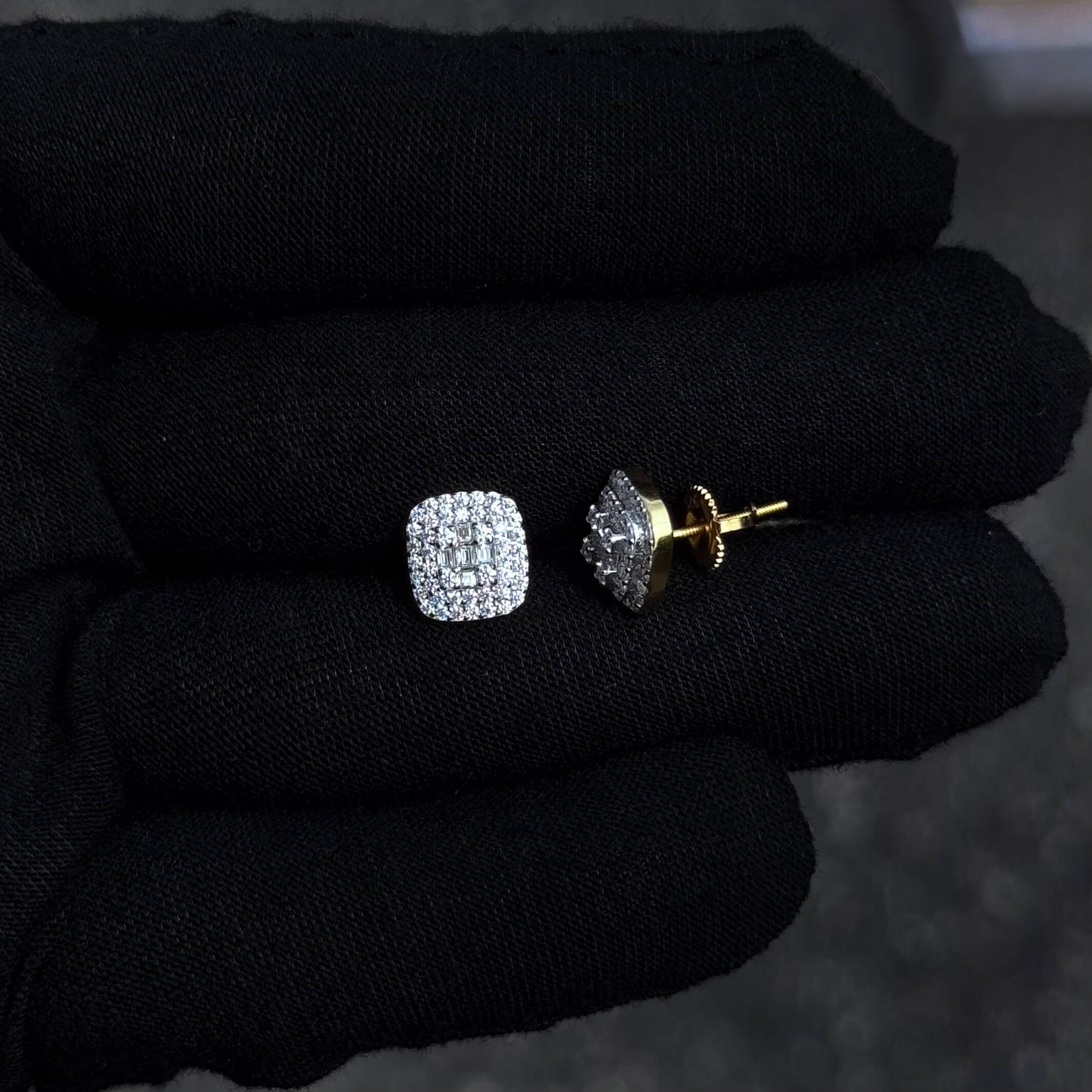 Side and front view of 9mm square cluster moissanite earrings with gold screw-back posts.