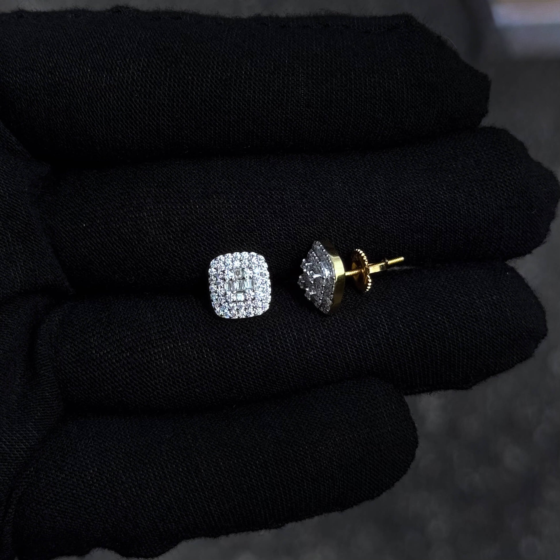 Side and front view of 9mm square cluster moissanite earrings with gold screw-back posts.