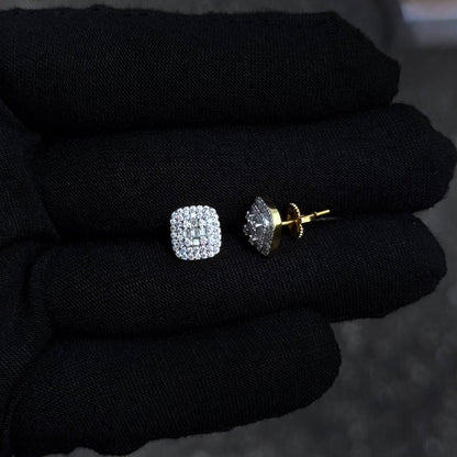 Side and front view of 9mm square cluster moissanite earrings with gold screw-back posts.