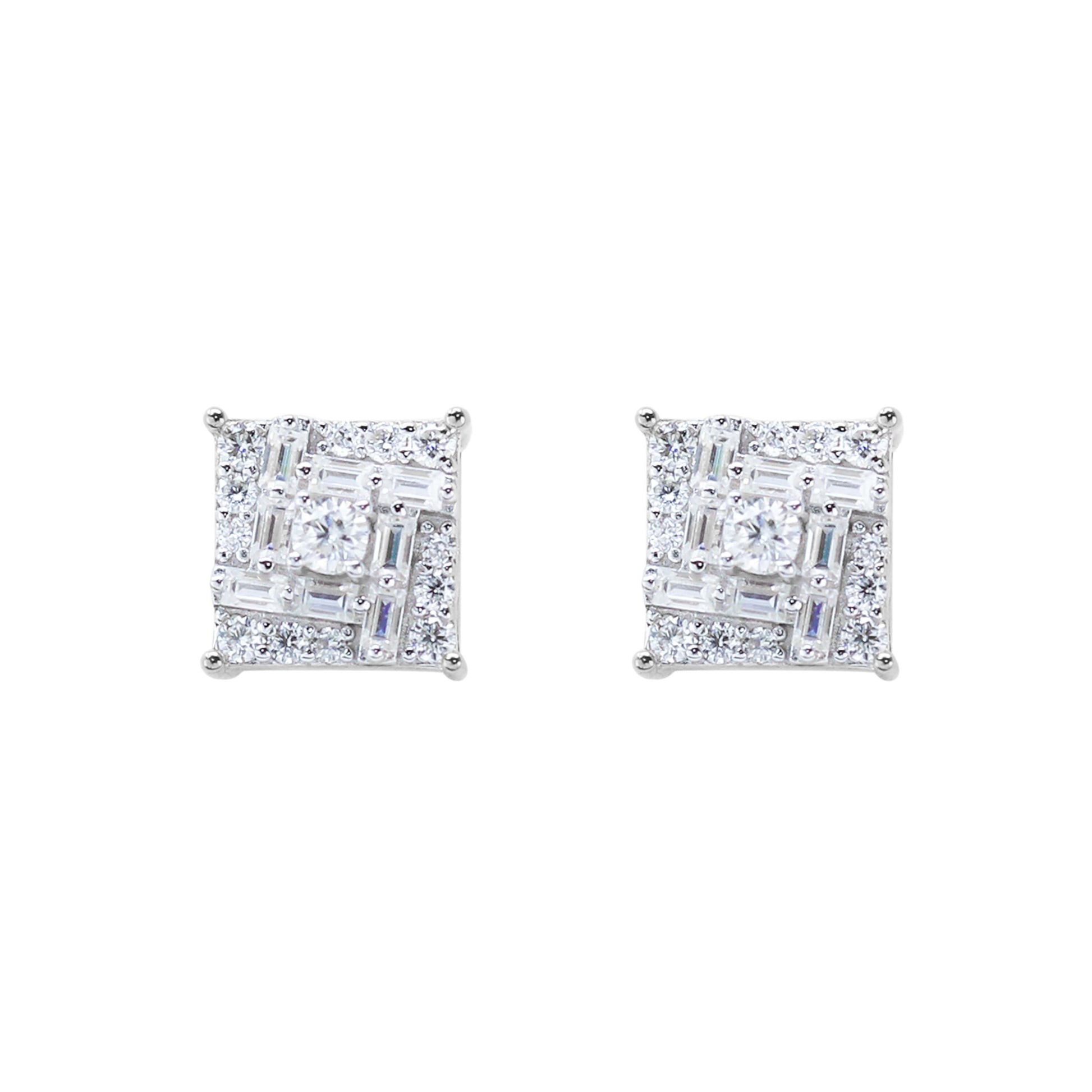 Sterling silver 9mm square moissanite cluster earrings shown in white background.