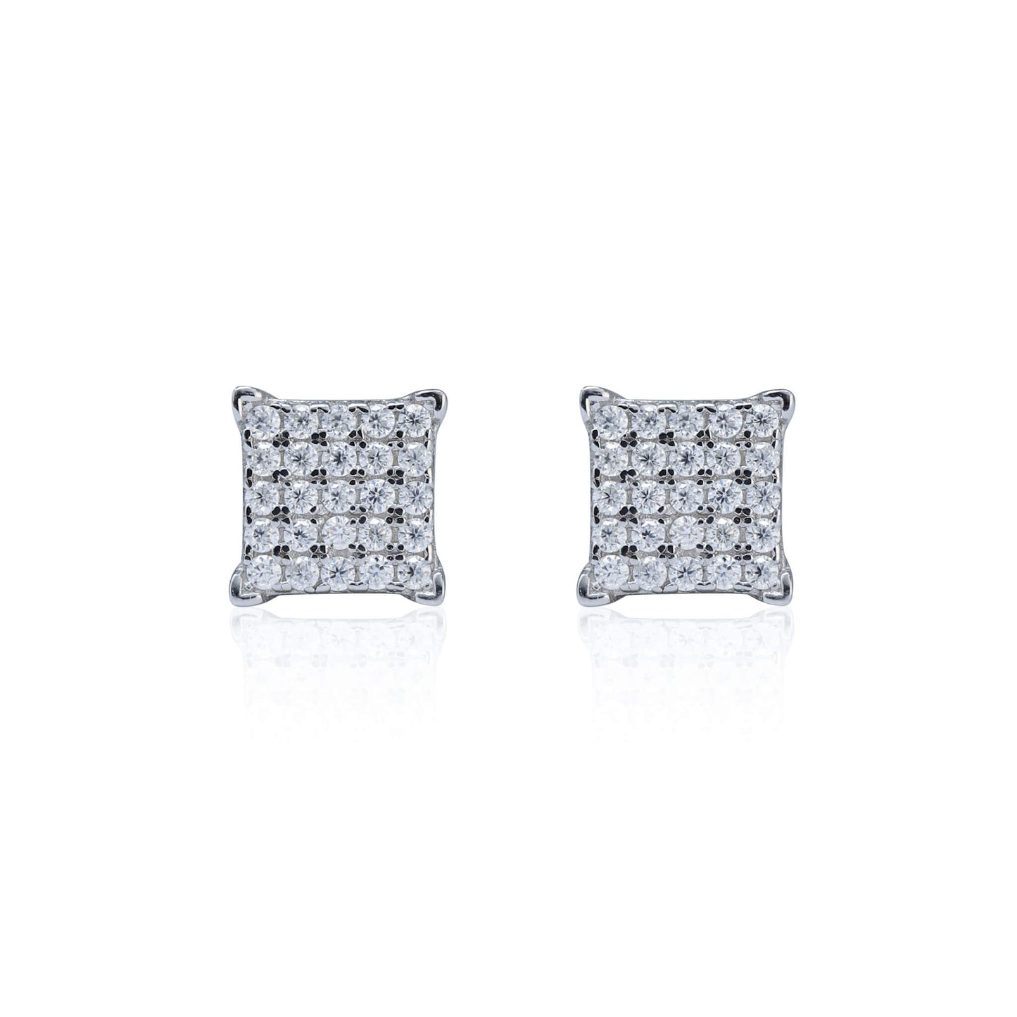 Sterling silver 6mm Moissanite cluster stud earrings with square prong design on white background