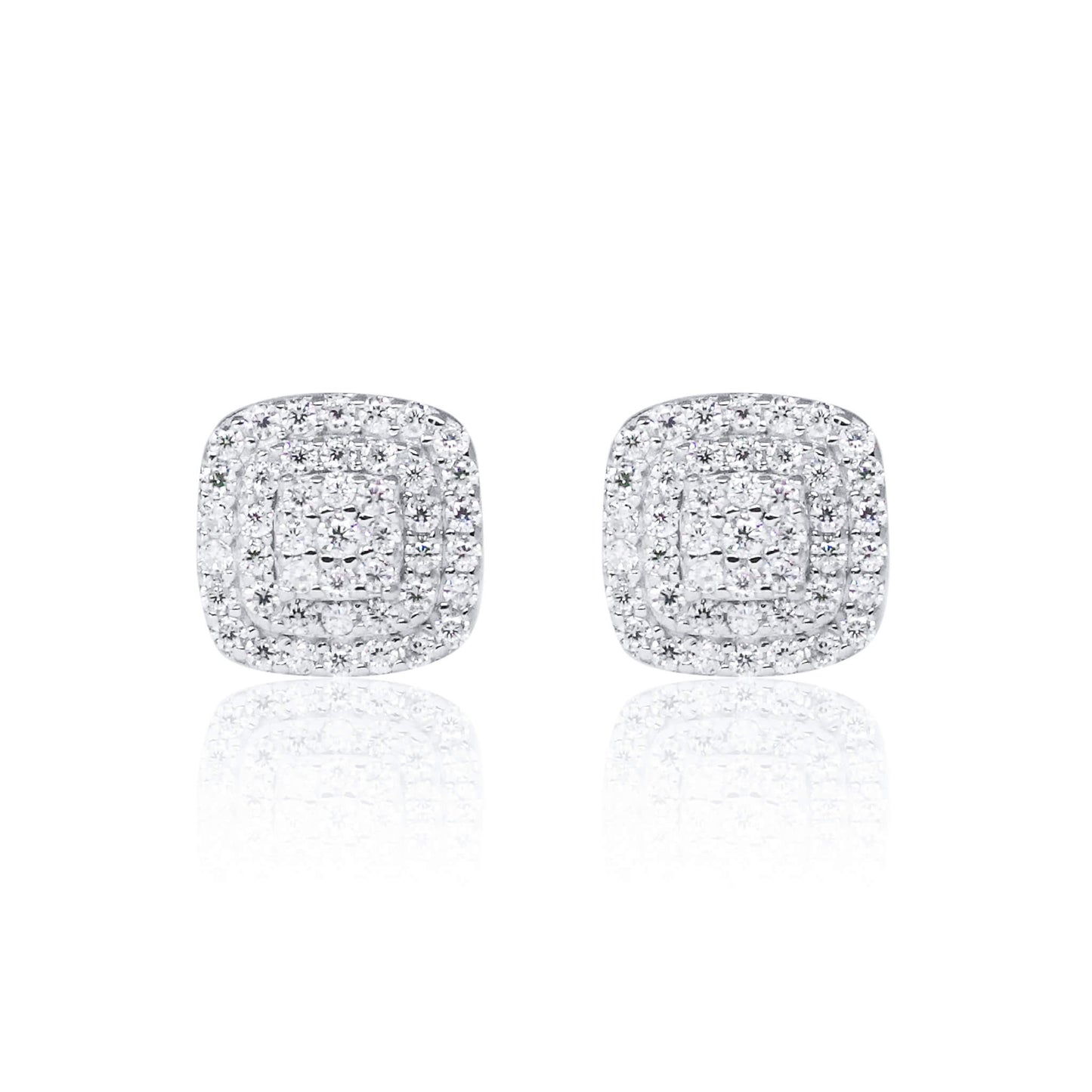 8mm square moissanite cluster earrings with layered halo diamonds in polished sterling silver setting.
