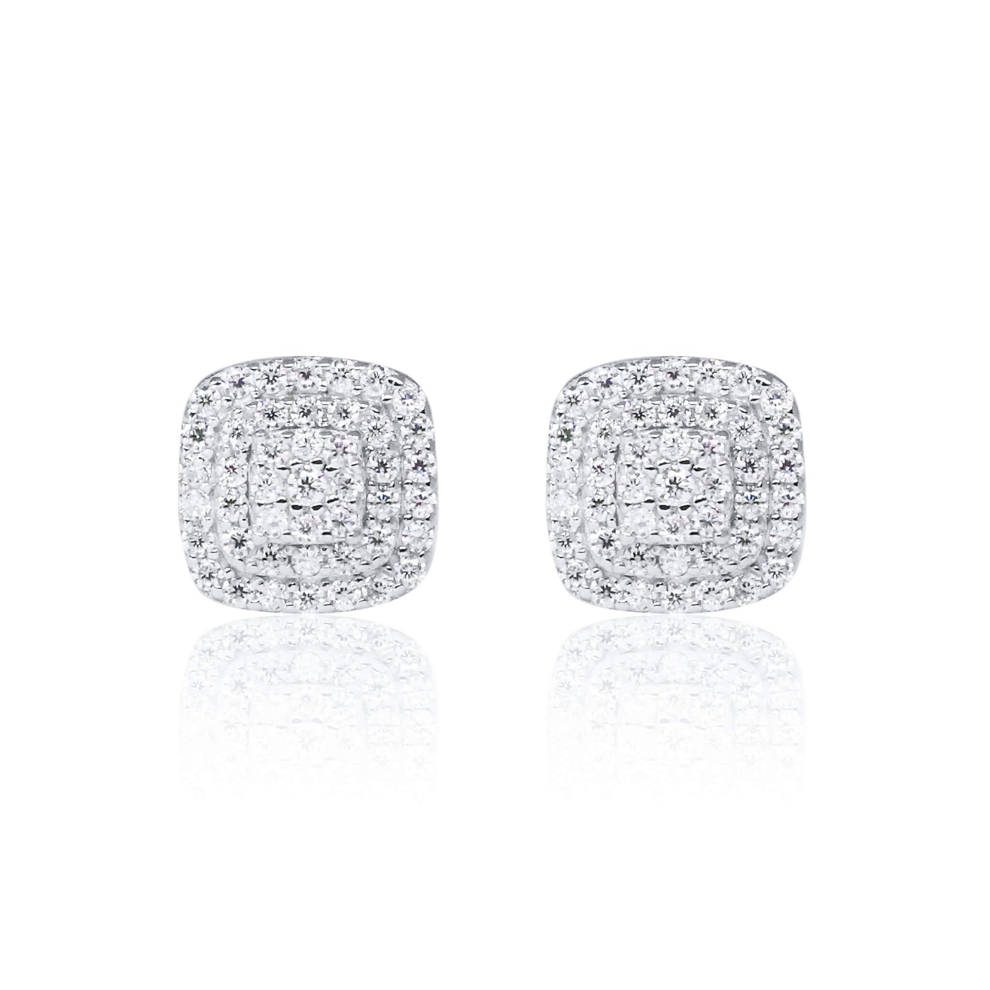 8mm square moissanite cluster earrings with layered halo diamonds in polished sterling silver setting.