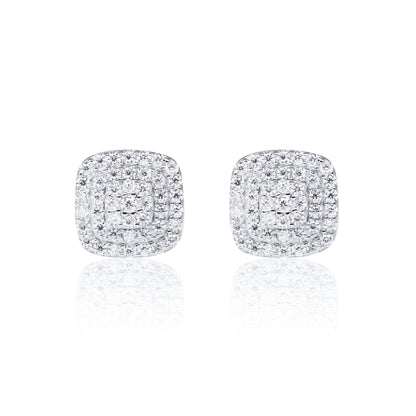 8mm square moissanite cluster earrings with layered halo diamonds in polished sterling silver setting.