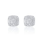 8mm square moissanite cluster earrings with layered halo diamonds in polished sterling silver setting.