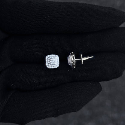 Side view of 8mm square moissanite cluster earrings highlighting triple halo diamonds and screw-back post.