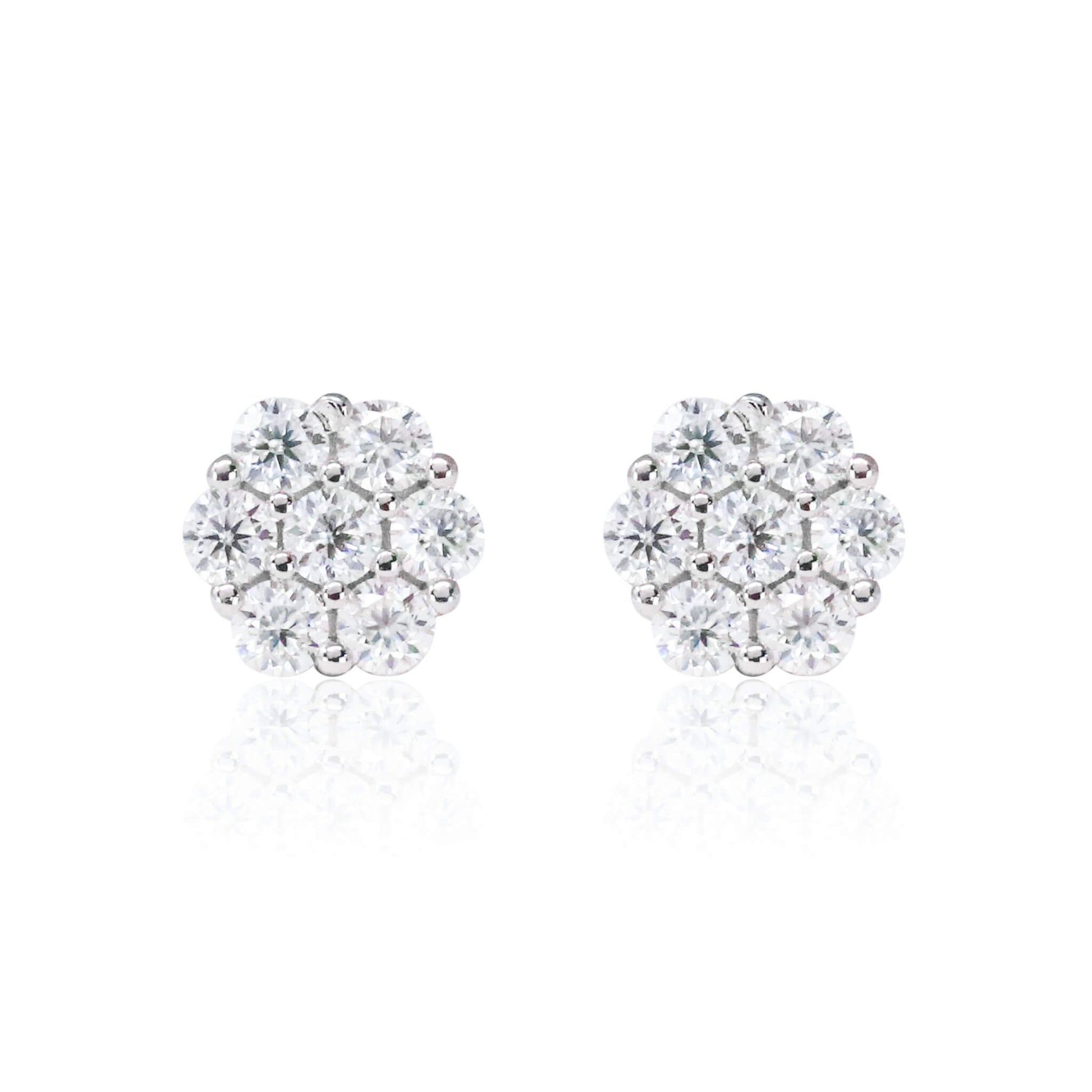 Bright 8mm floral moissanite cluster earrings in sterling silver with round-cut stones.