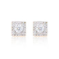 Close-up of sterling silver square moissanite cluster earrings with bright round center stones.