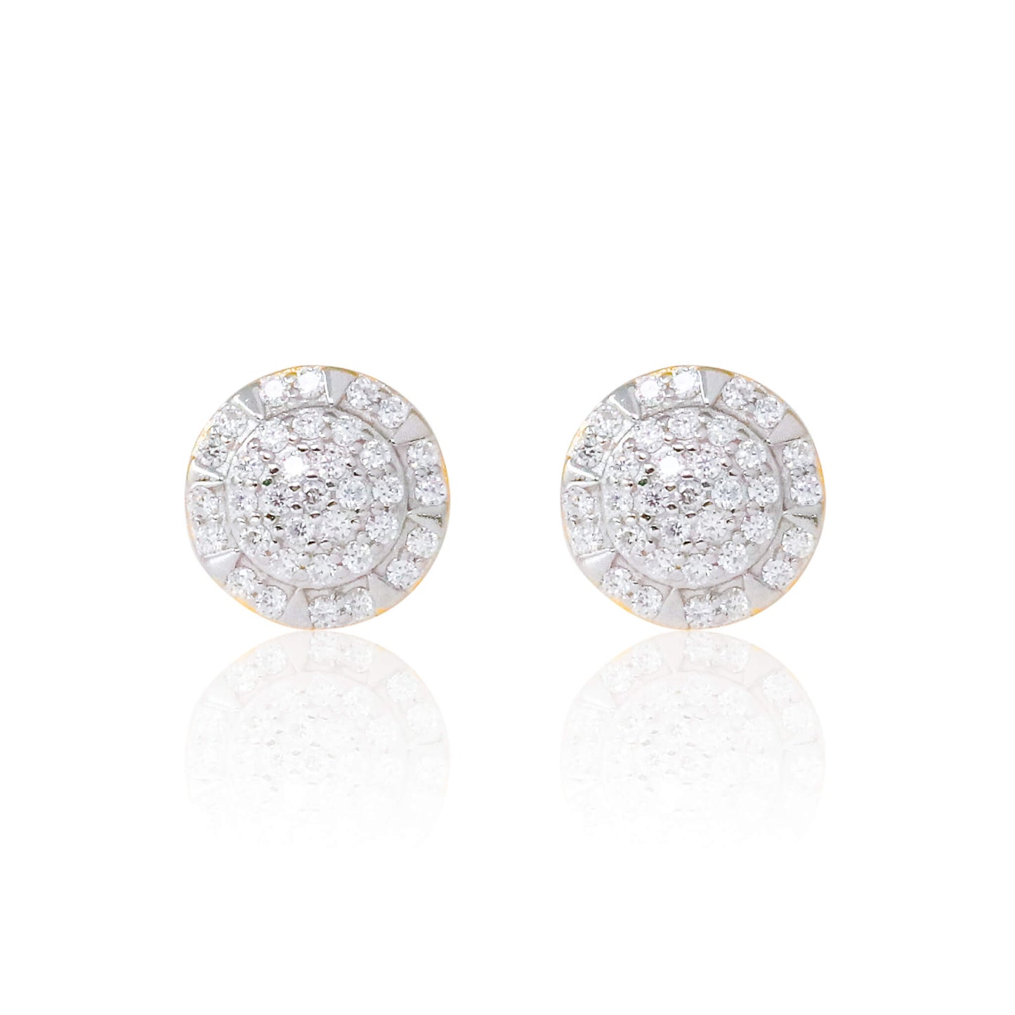 8mm gold moissanite cluster earrings with multi-row pavé diamonds in round shape.