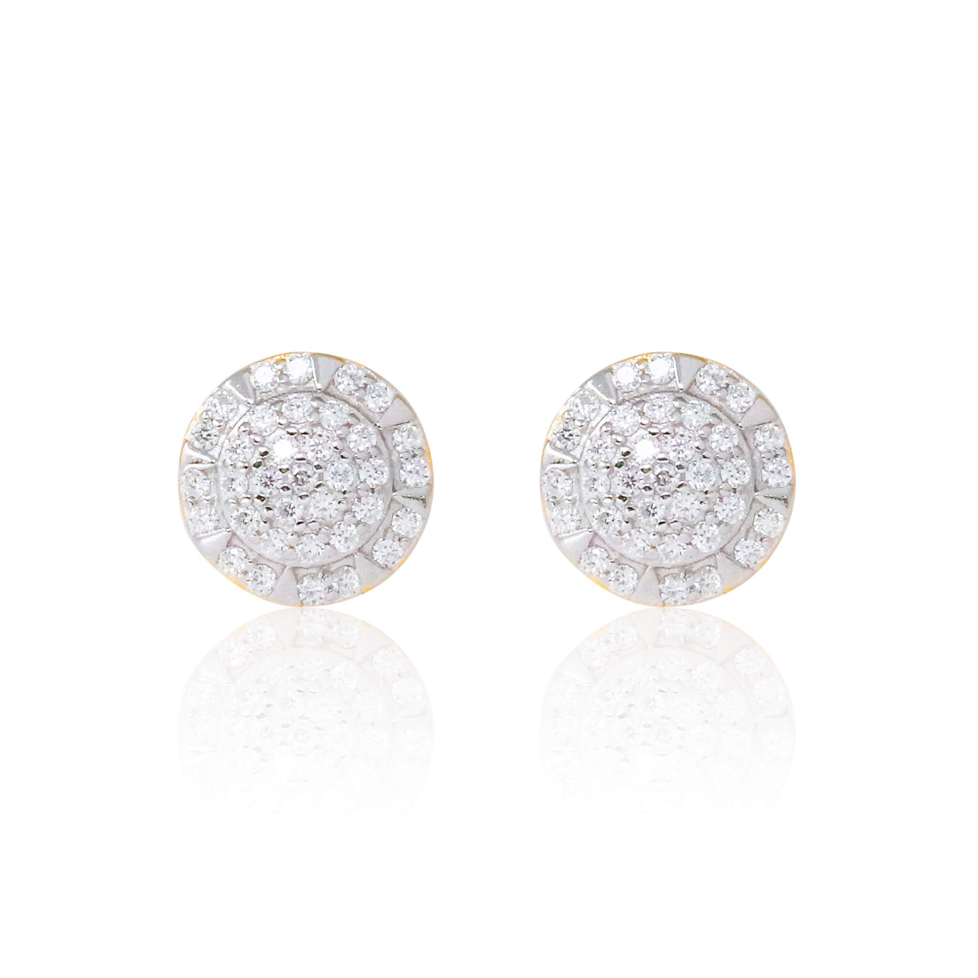 8mm gold moissanite cluster earrings with multi-row pavé diamonds in round shape.