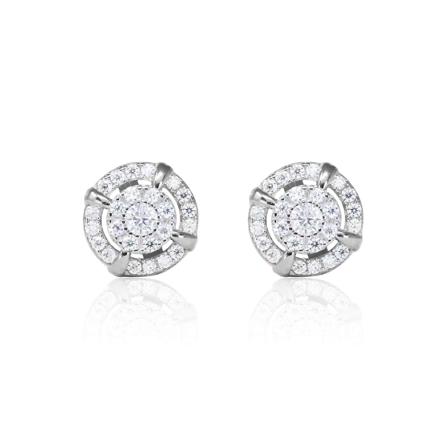 8mm halo moissanite cluster earrings in sterling silver with double-row pavé diamond detailing.