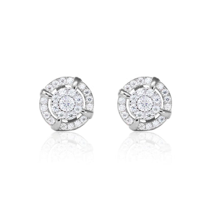8mm halo moissanite cluster earrings in sterling silver with double-row pavé diamond detailing.