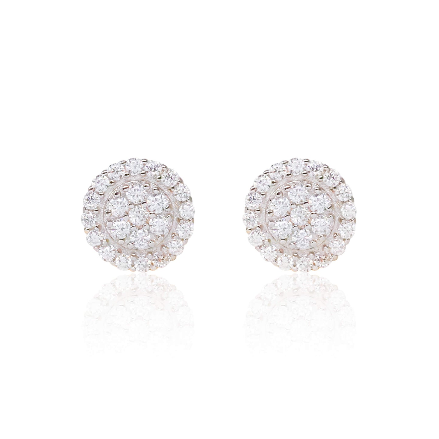 8mm moissanite and 0.48ct diamond cluster earrings in polished sterling silver halo setting.