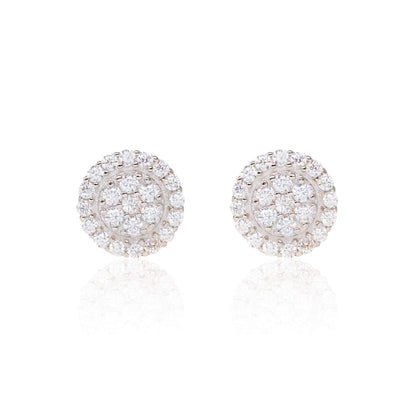 8mm moissanite and 0.48ct diamond cluster earrings in polished sterling silver halo setting.